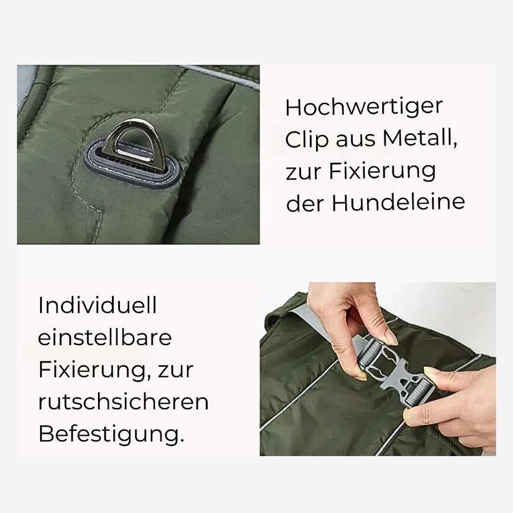 Hochwertiger Clip aus Metall zur Befestigung der Hundeleine und individuell einstellbare Fixierung für eine rutschfeste und sichere Befestigung der Winter Hundejacke "Nordwind" – HUNDESCHATZ™.