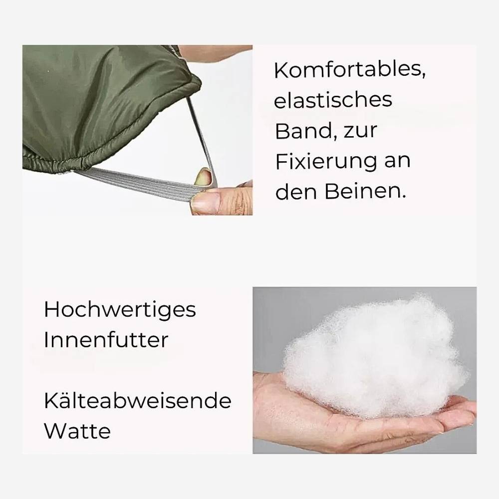 Komfortables, elastisches Band zur Fixierung an den Beinen und hochwertiges Innenfutter mit kälteabweisender Watte in der Winter Hundejacke "Nordwind" – HUNDESCHATZ™.