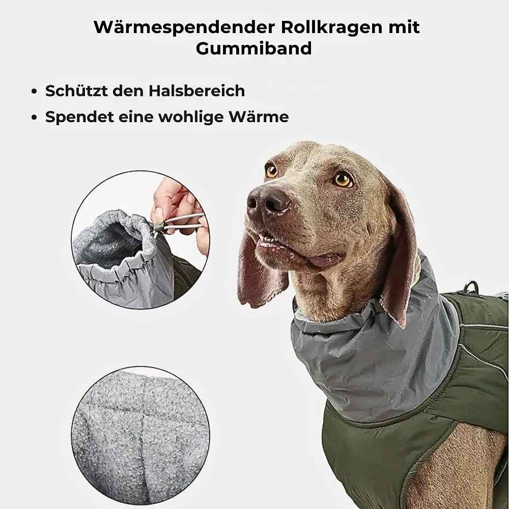 Winter Hundejacke "Nordwind" – HUNDESCHATZ™ mit wärmespendendem Rollkragen, ausgestattet mit einem Gummiband für einen besseren Halt und zusätzlichen Schutz des Halsbereichs.