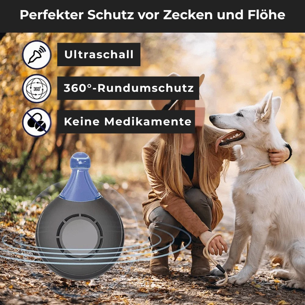 Zeckenhalsband für Hunde mit Ultraschall und 360°-Rundumschutz – schützt ohne Chemie, ideal für aktive Vierbeiner im Freien.